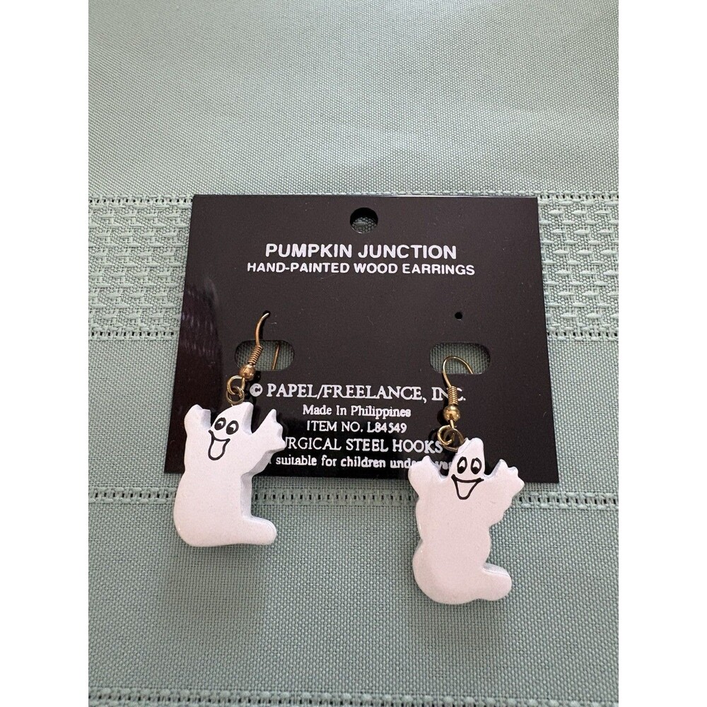 Papel Giftware  Dangle Hand Painted Wood Ghost Earrings 2”